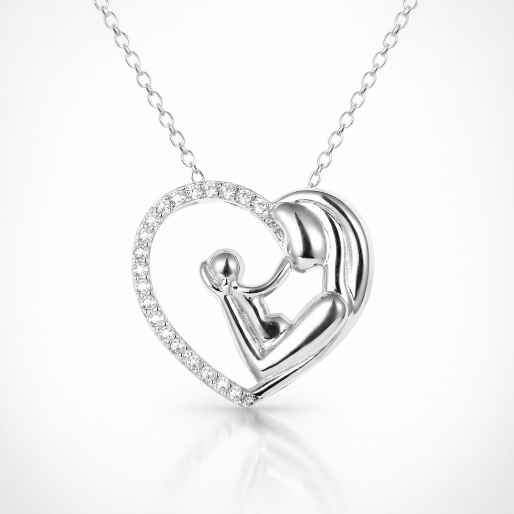 Silver heart-shaped pendant necklace on a white background
