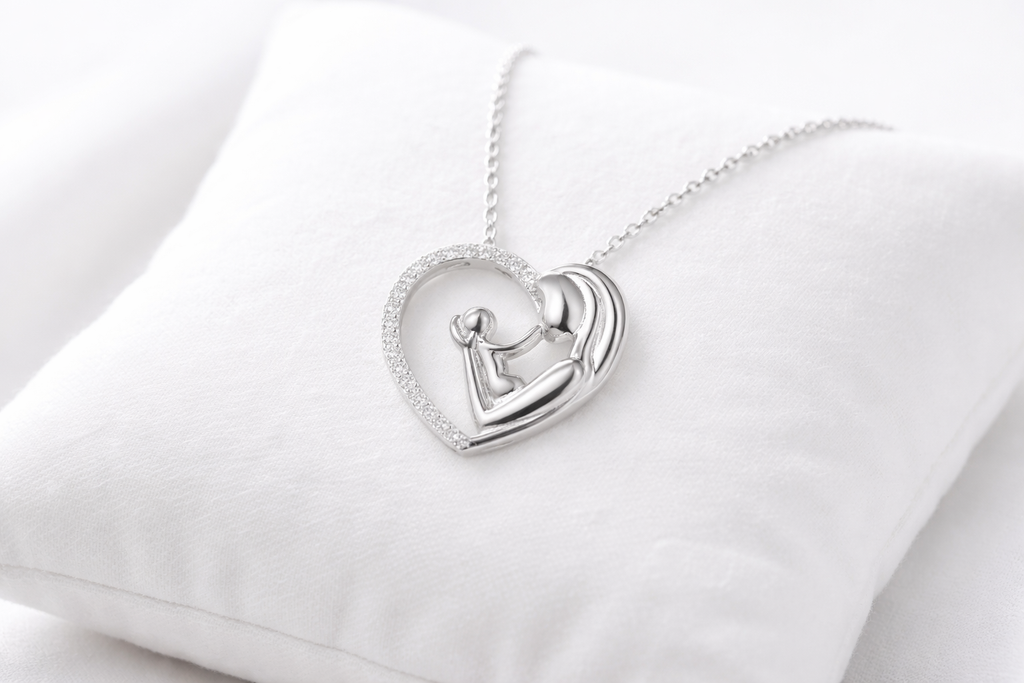 Silver heart-shaped necklace with a pendant on a white cushion