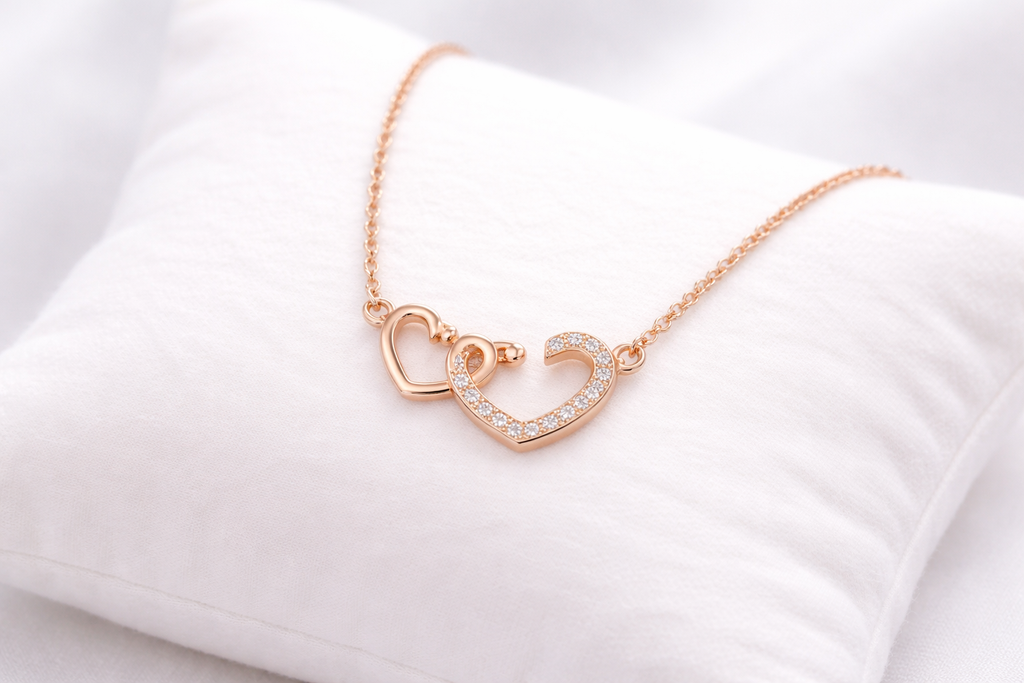 Rose gold necklace with heart design on a white background