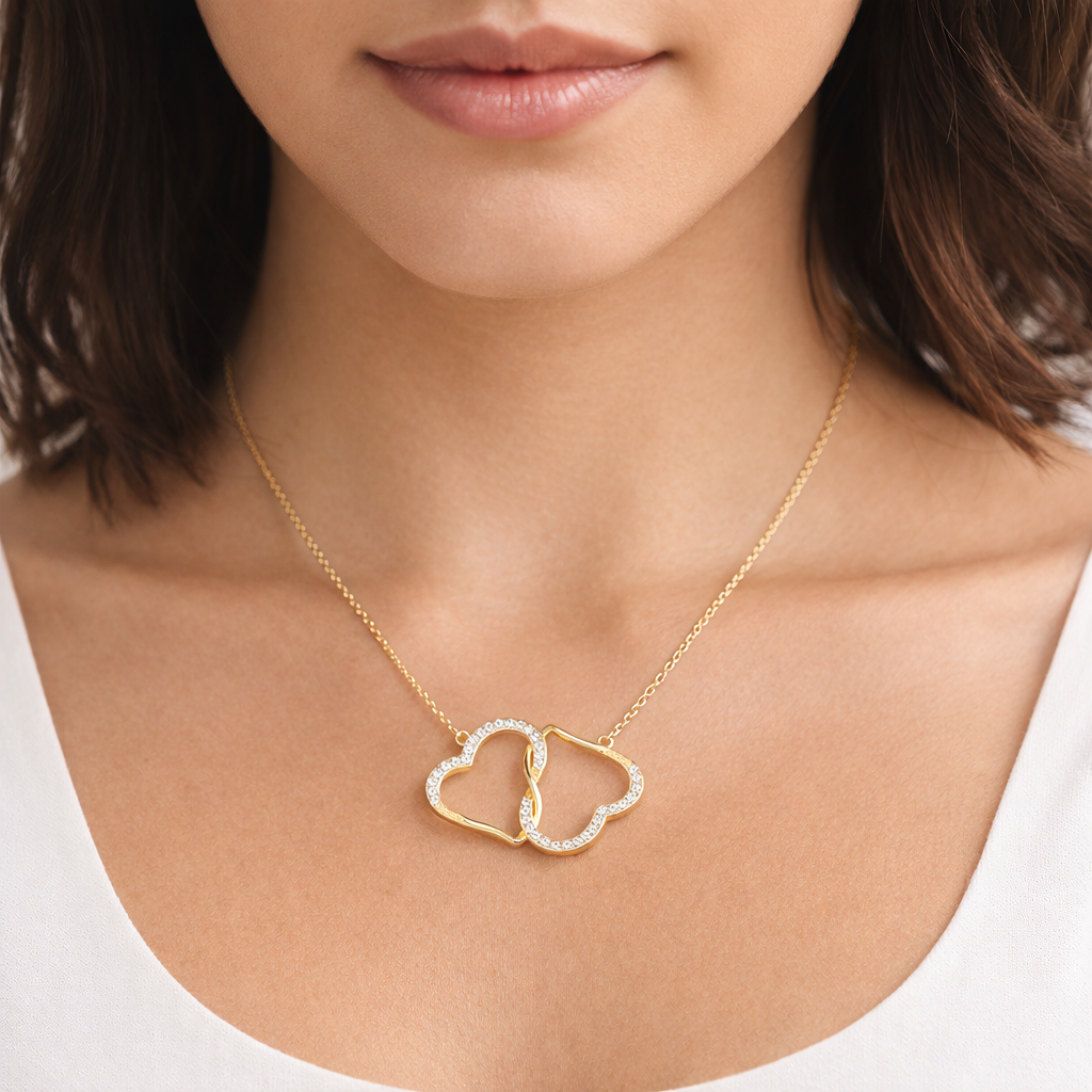 Gold necklace with a heart-shaped pendant worn by a person