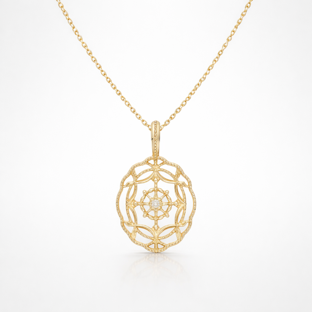 Gold necklace with a intricate pendant on a white background