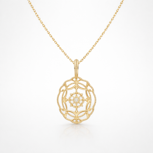 Gold necklace with a intricate pendant on a white background