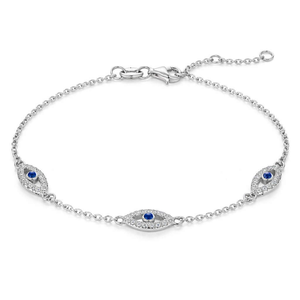 Silver bracelet with eye-shaped charms on a white background