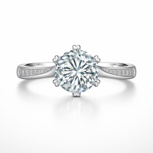 Diamond ring with a large central gemstone and smaller stones on the band against a white background