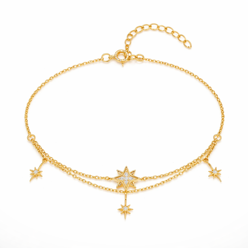 Gold bracelet with star-shaped charms on a white background