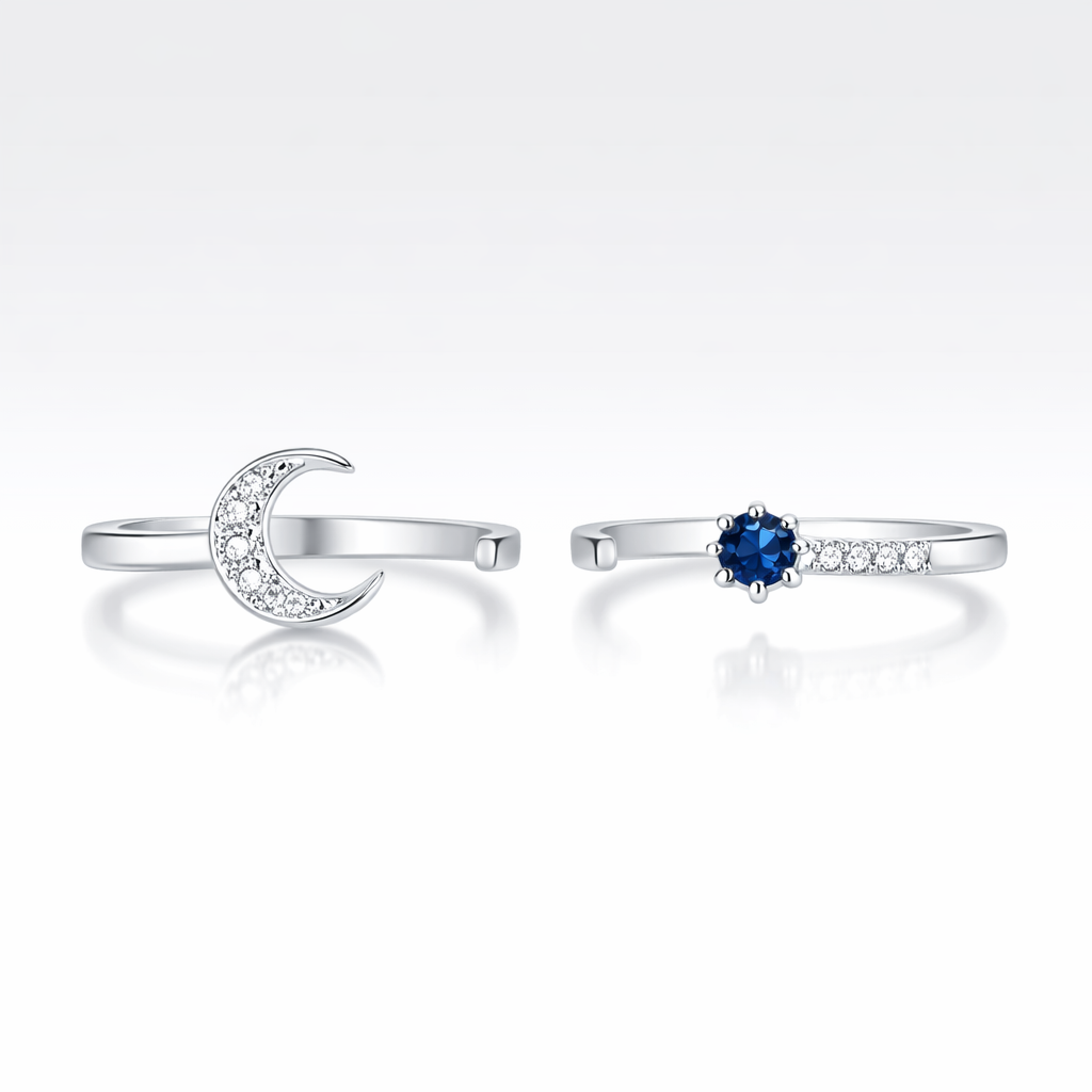 Two silver rings with gemstones on a white background