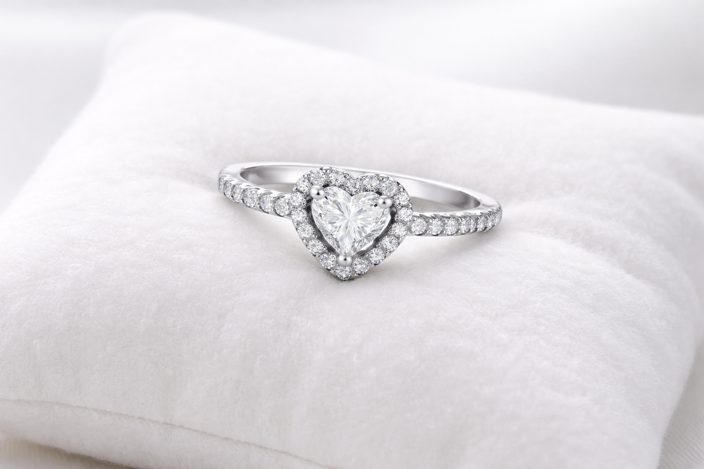 Heart-shaped diamond ring on a white cushion