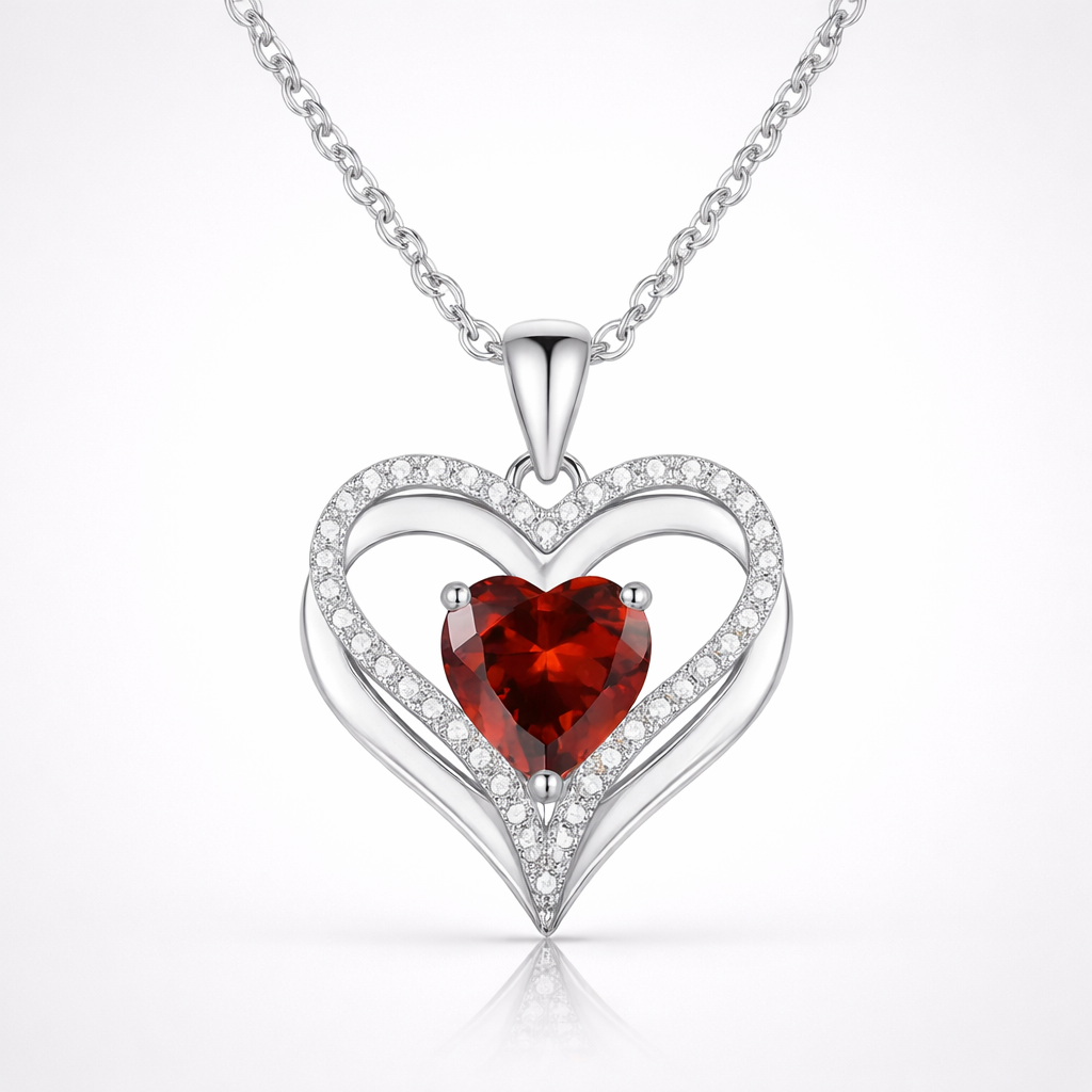 Heart-shaped pendant with a red gemstone on a white background