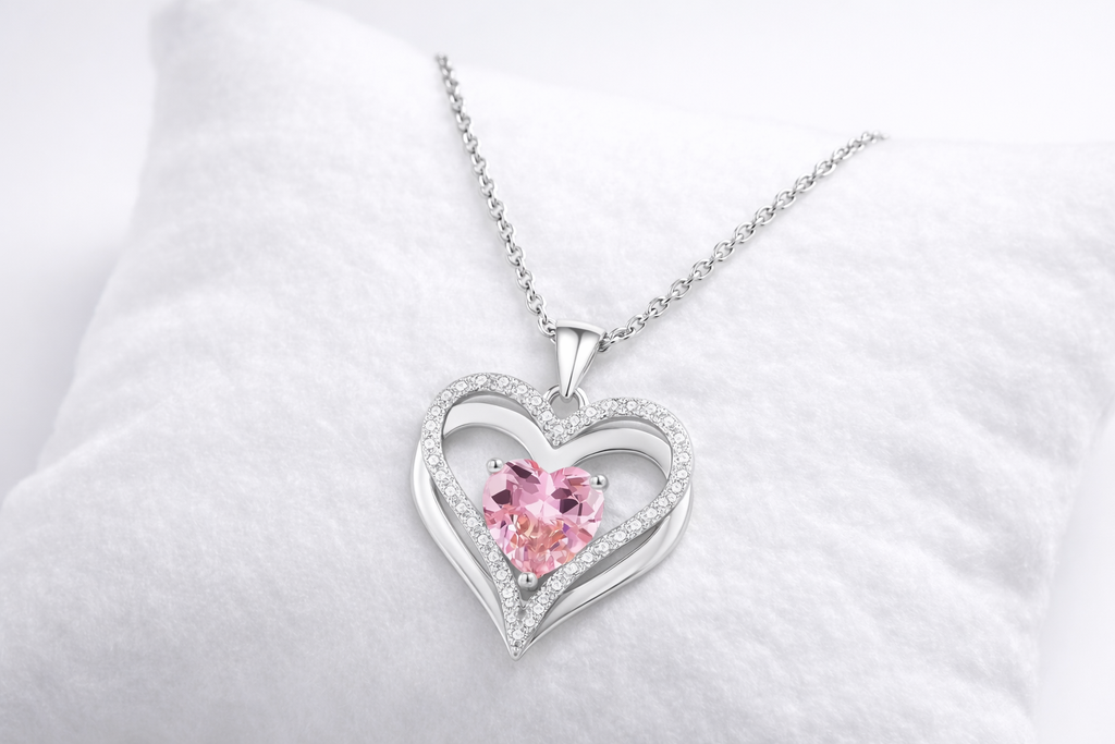 Heart-shaped silver pendant with a pink gemstone on a white background