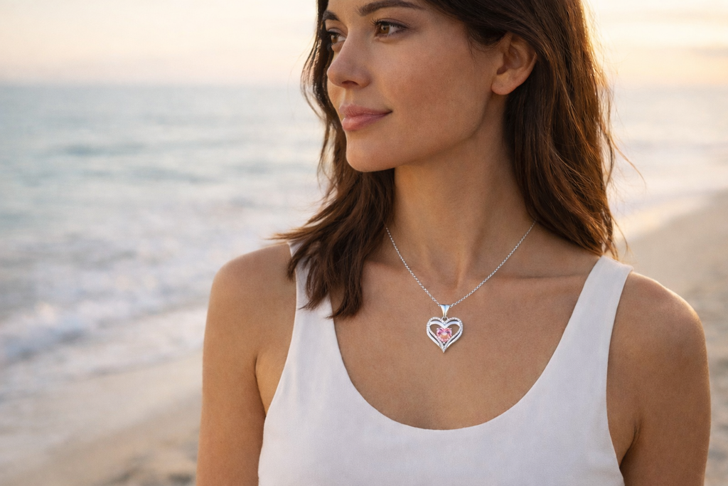 Woman wearing a necklace with a heart pendant on a beach