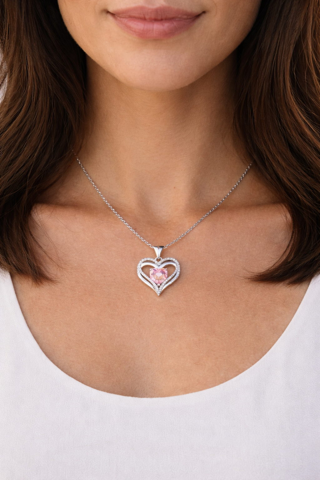 Heart-shaped necklace with a pink gemstone worn by a person