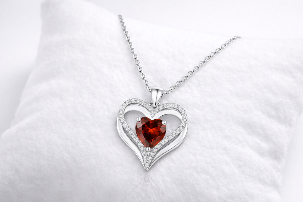 Heart-shaped pendant with a red gemstone on a white background
