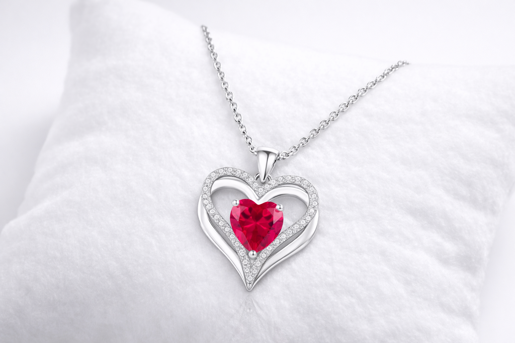 Heart-shaped pendant with a red gemstone on a white background