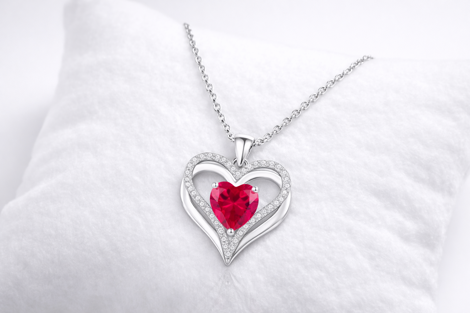 Heart-shaped pendant with a red gemstone on a white background