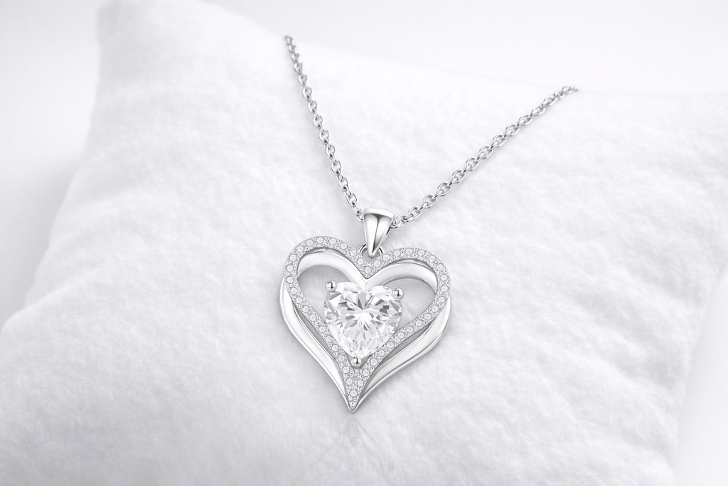 Silver heart-shaped pendant with a diamond on a white background