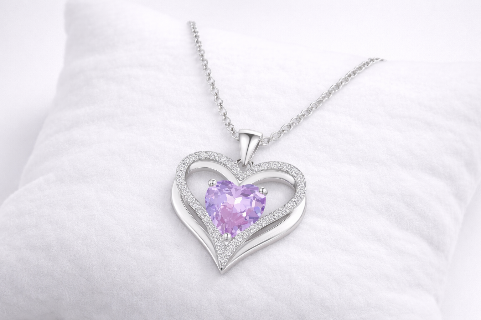 Heart-shaped silver pendant with a purple gemstone on a white background