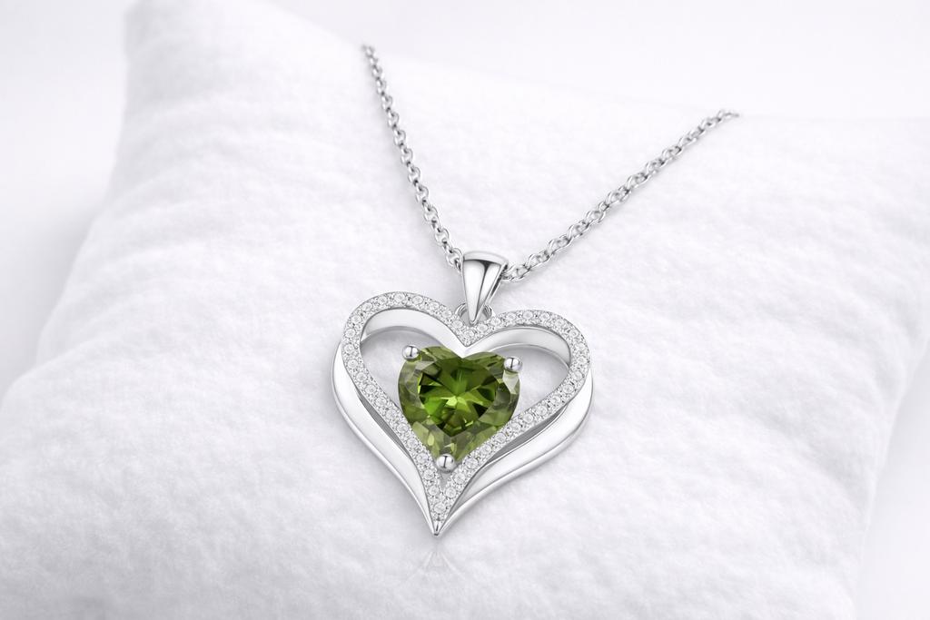 Heart-shaped silver pendant with a green gemstone on a white background