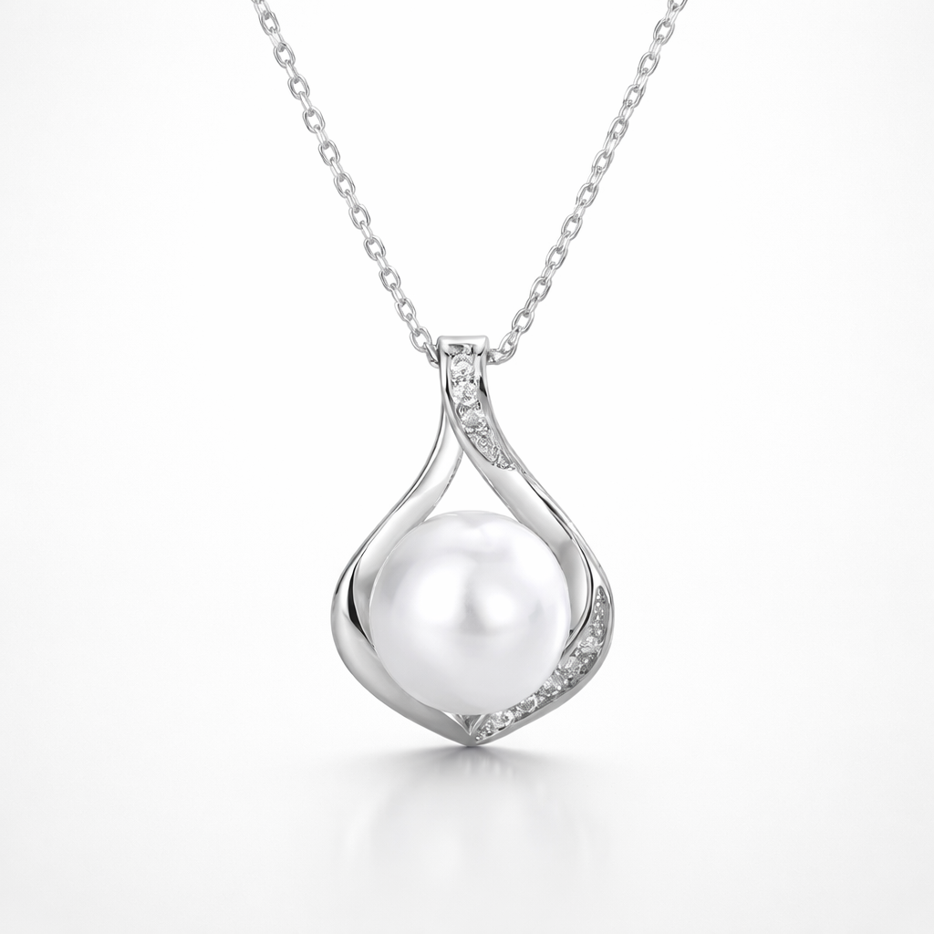 Silver necklace with a teardrop-shaped pendant on a white background