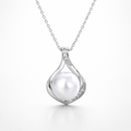 Silver necklace with a teardrop-shaped pendant on a white background