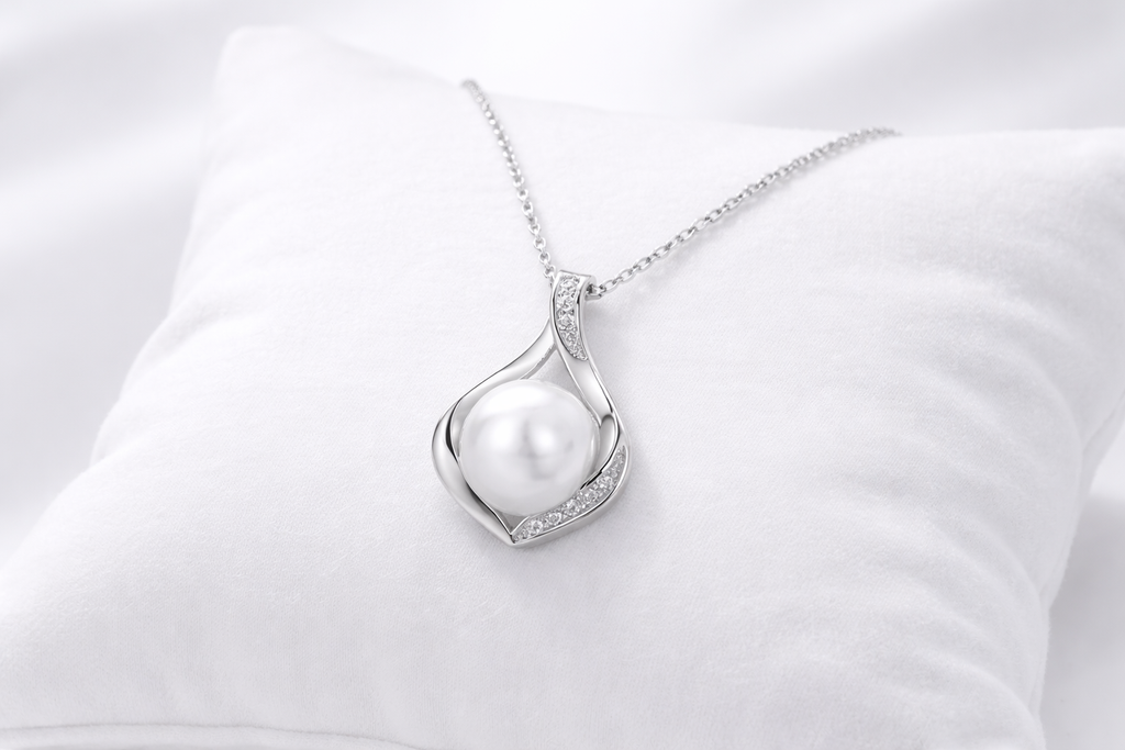 Pearl necklace on a white cushion