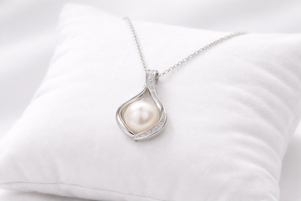 Pearl necklace with silver teardrop pendant on a white cushion