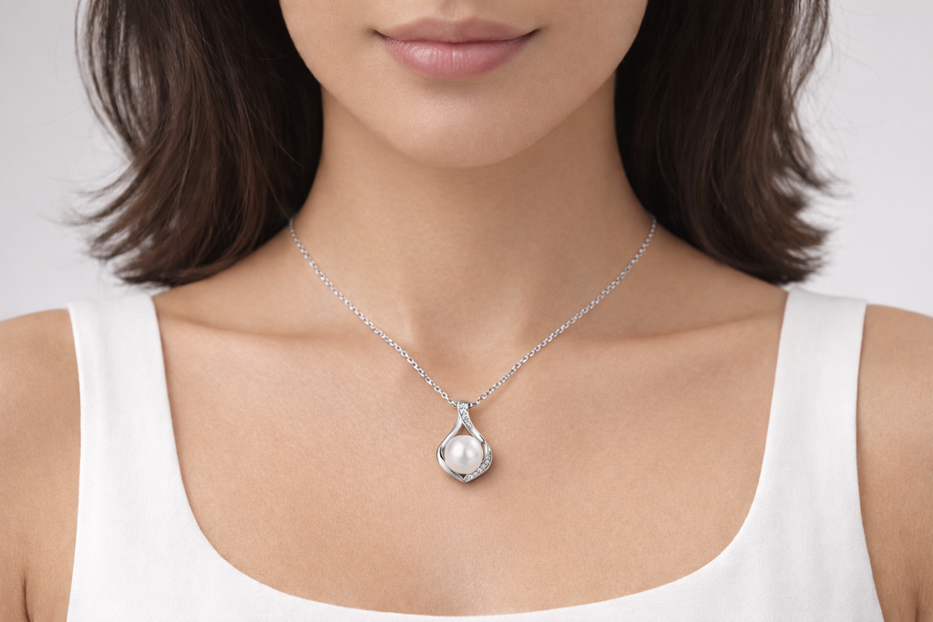 Woman wearing a silver necklace with a pearl pendant on a plain background