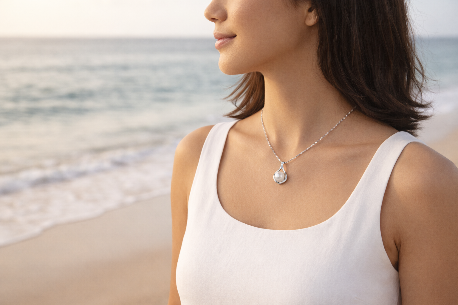 Woman wearing a necklace with a beach in the background