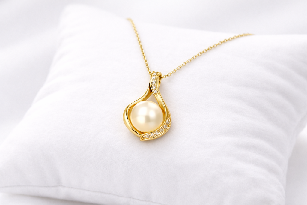 Gold necklace with a pearl pendant on a white shell background