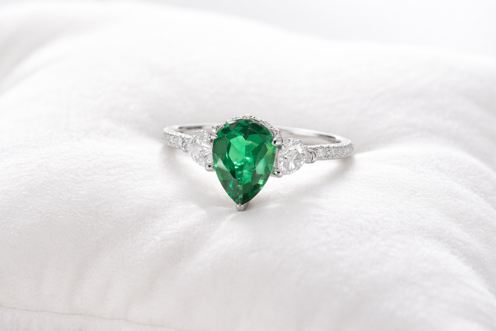 Silver ring with a green emerald stone on a white background