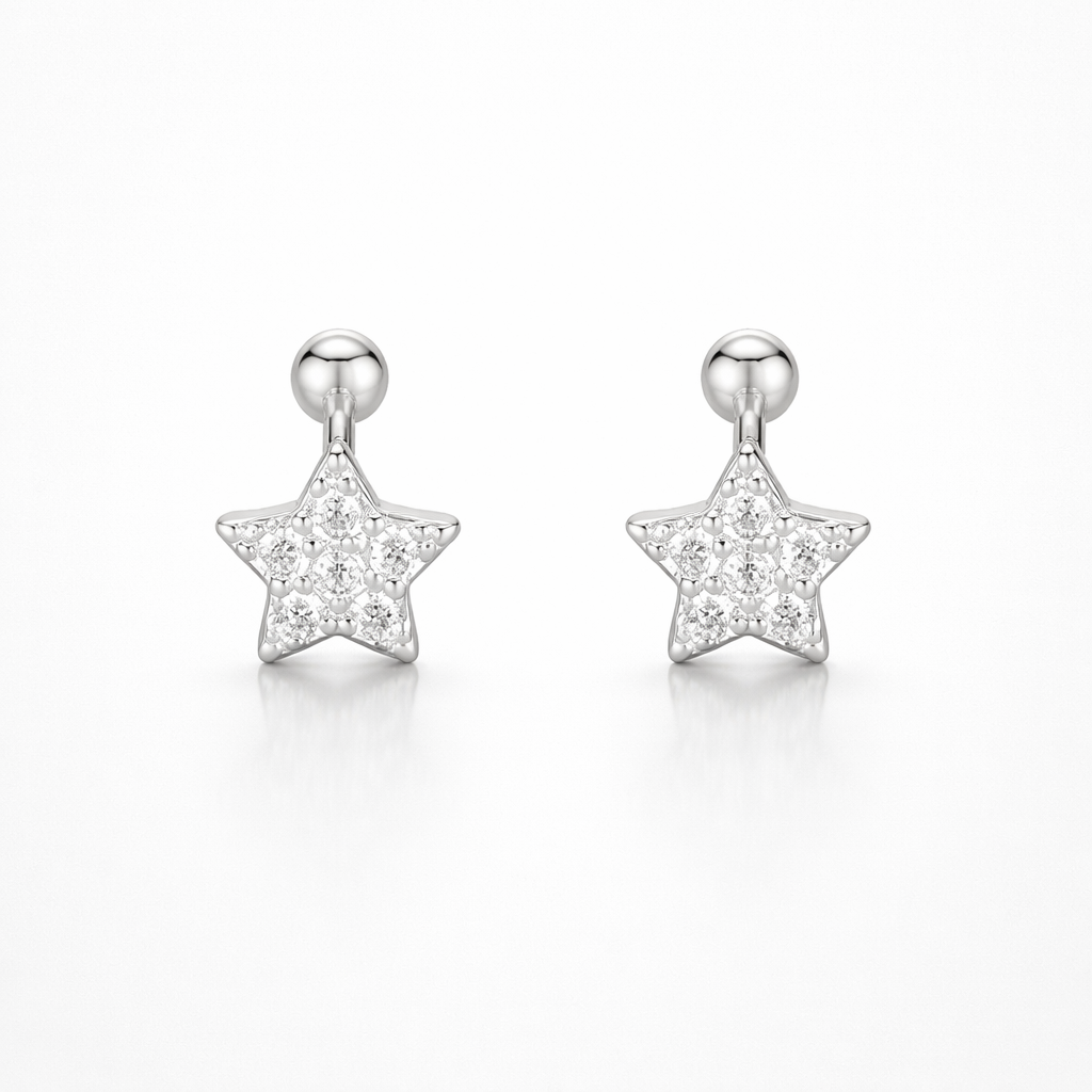 Star-shaped silver earrings with clear stones on a white background