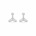 Pair of silver earrings with small crystals on a white background