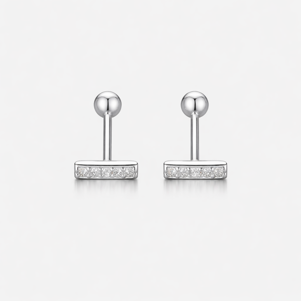 Pair of silver earrings with small diamonds on a white background