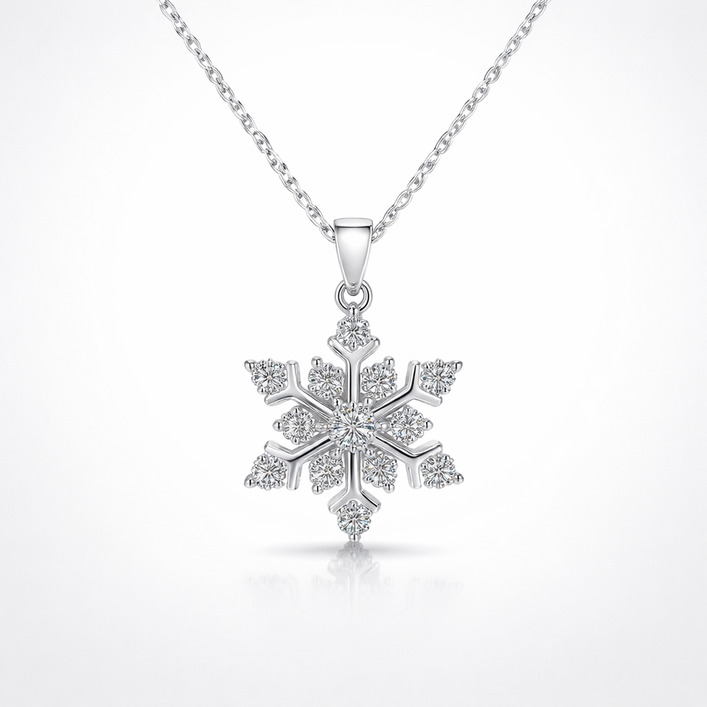 Silver snowflake pendant necklace on a white background