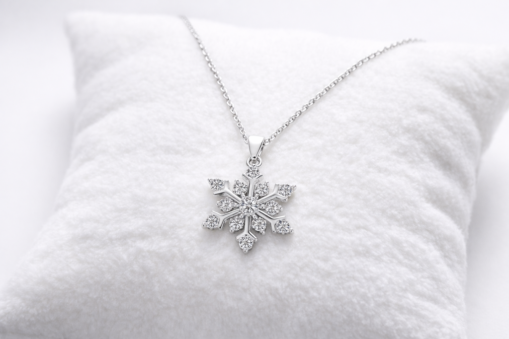 Snowflake-shaped diamond necklace on a white cushion
