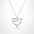 Silver heart-shaped pendant with infinity symbol on a white background