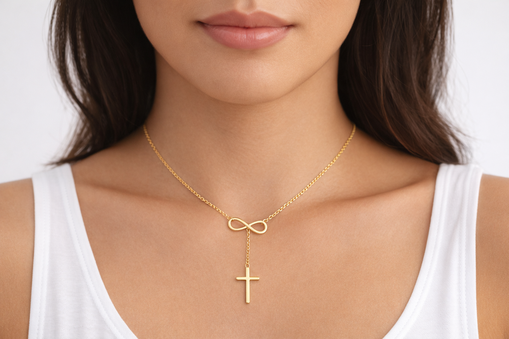 Gold necklace with an infinity symbol and cross pendant on a white background