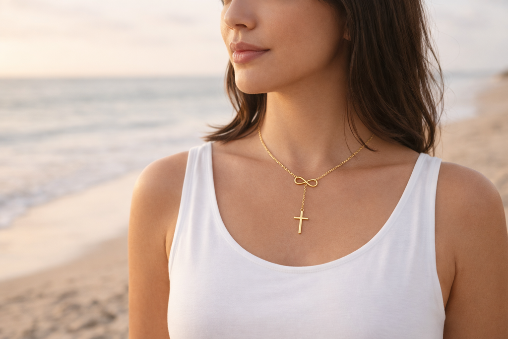 Woman wearing a gold necklace with an infinity and cross pendant on a beach.