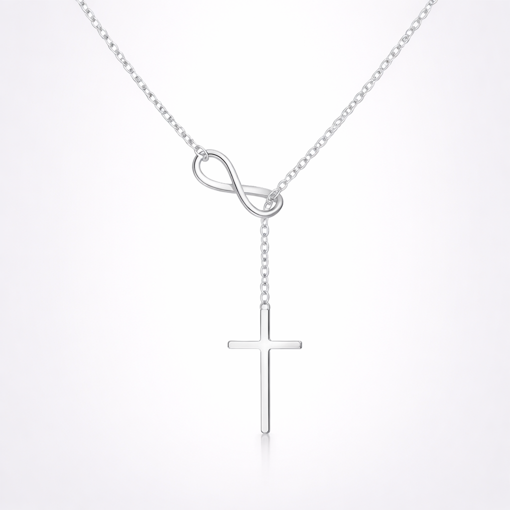 Silver necklace with an infinity symbol and a cross pendant on a white background