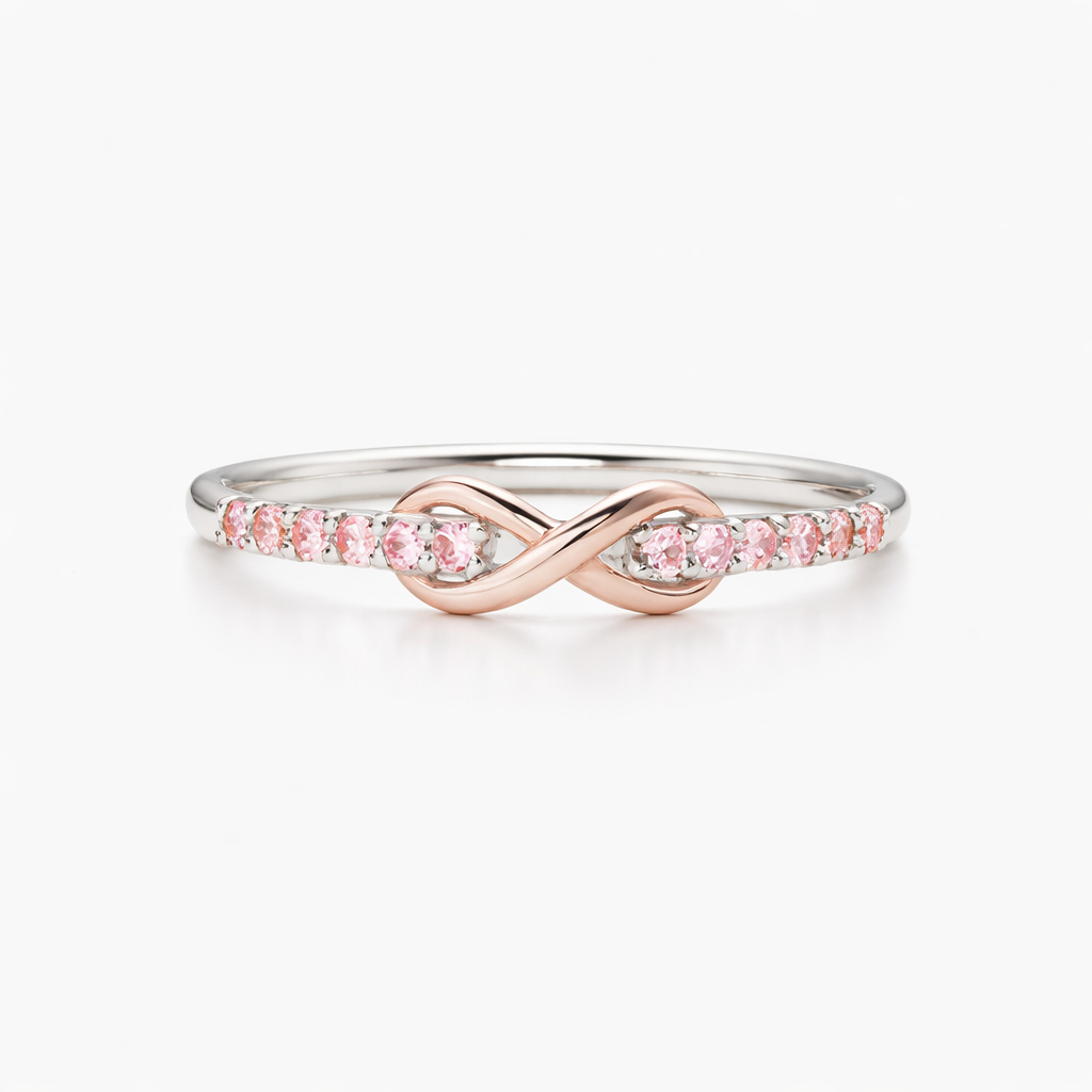 Silver ring with pink gemstones on a white background