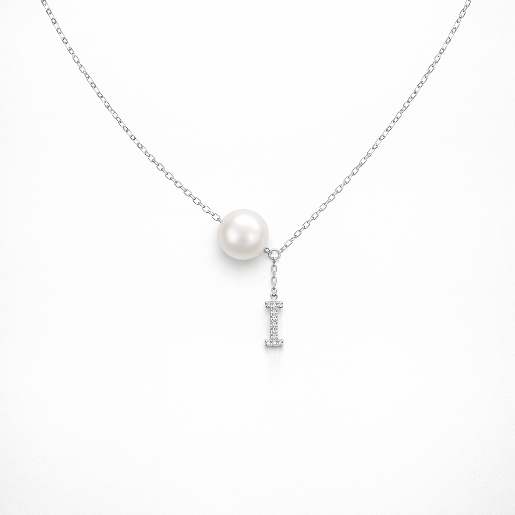Pearl necklace with a silver chain on a white background
