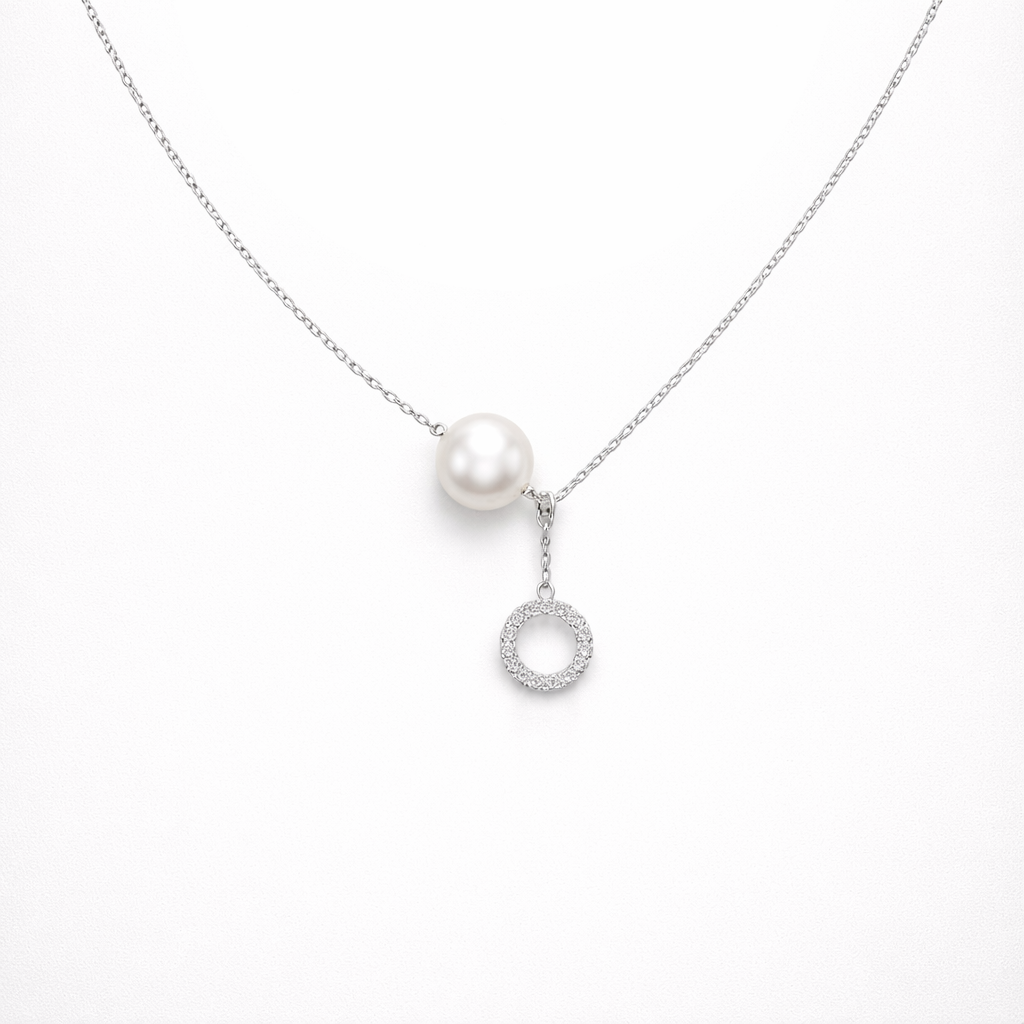 Pearl necklace with a silver pendant on a white background