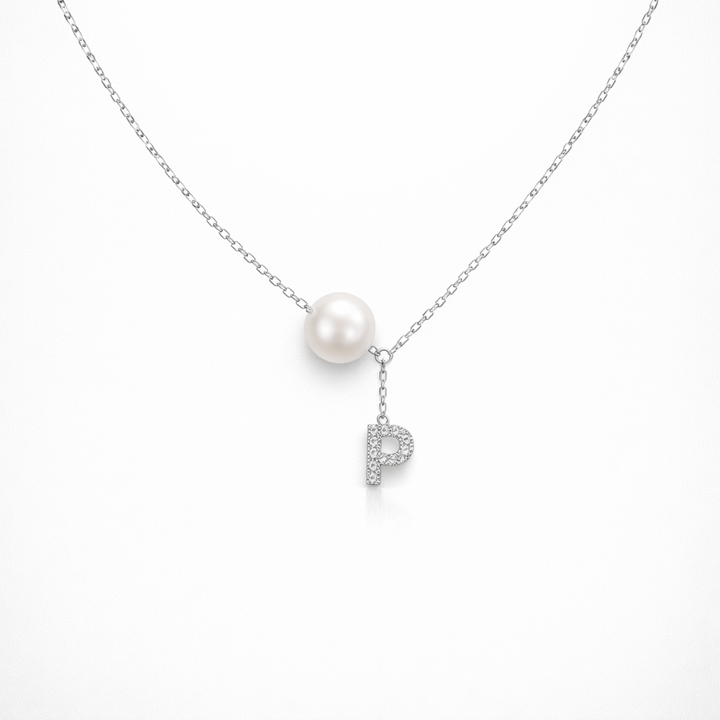 Necklace with a pearl pendant and letter 'P' charm on a white background