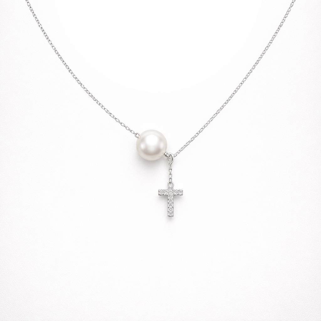 Pearl necklace with a cross pendant on a white background