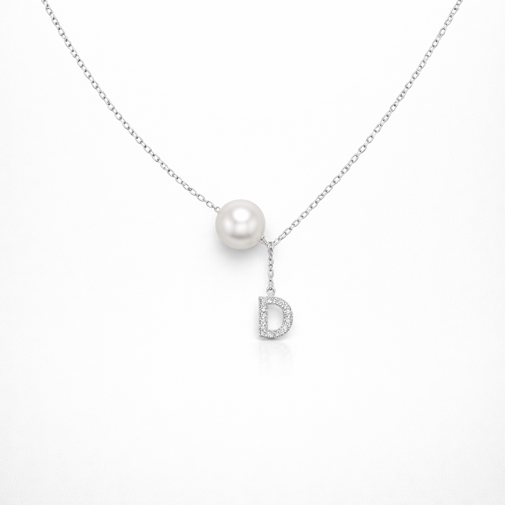 Pearl necklace with a 'D' pendant on a white background