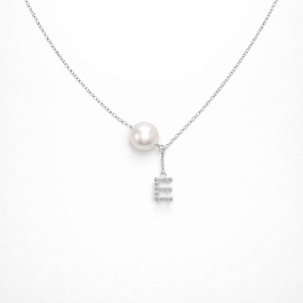 Necklace with a pearl pendant and letter 'E' on a white background
