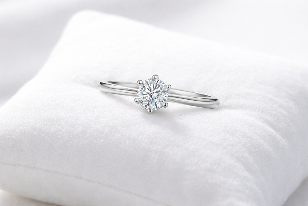 Diamond ring on a white cushion with a soft focus background