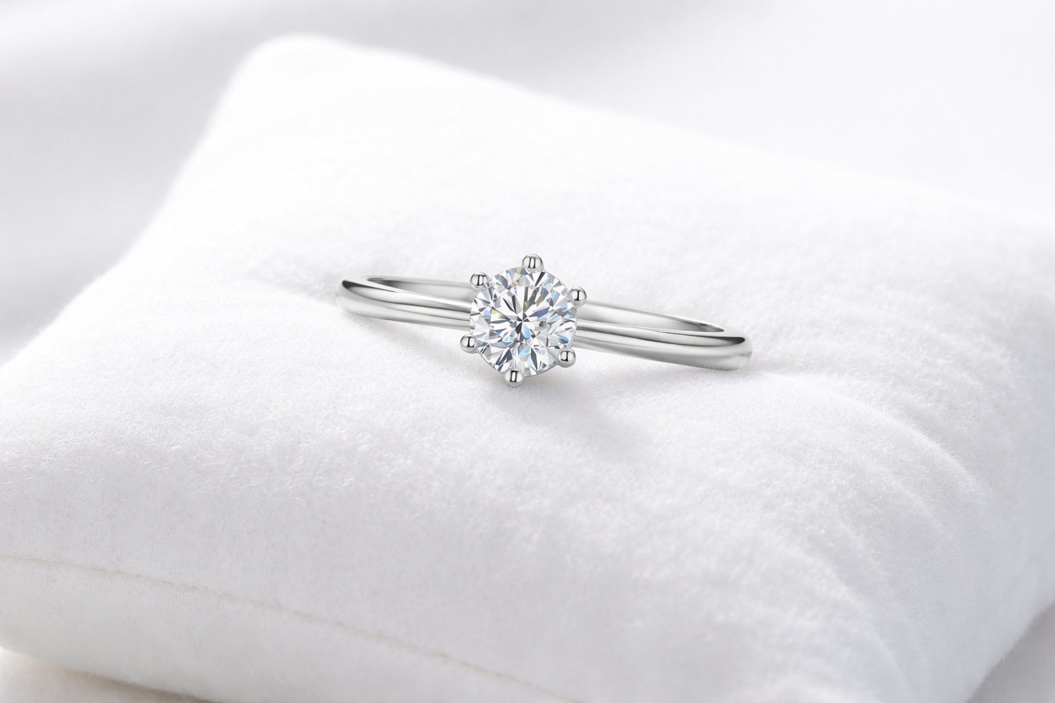 Diamond ring on a white cushion with a soft focus background