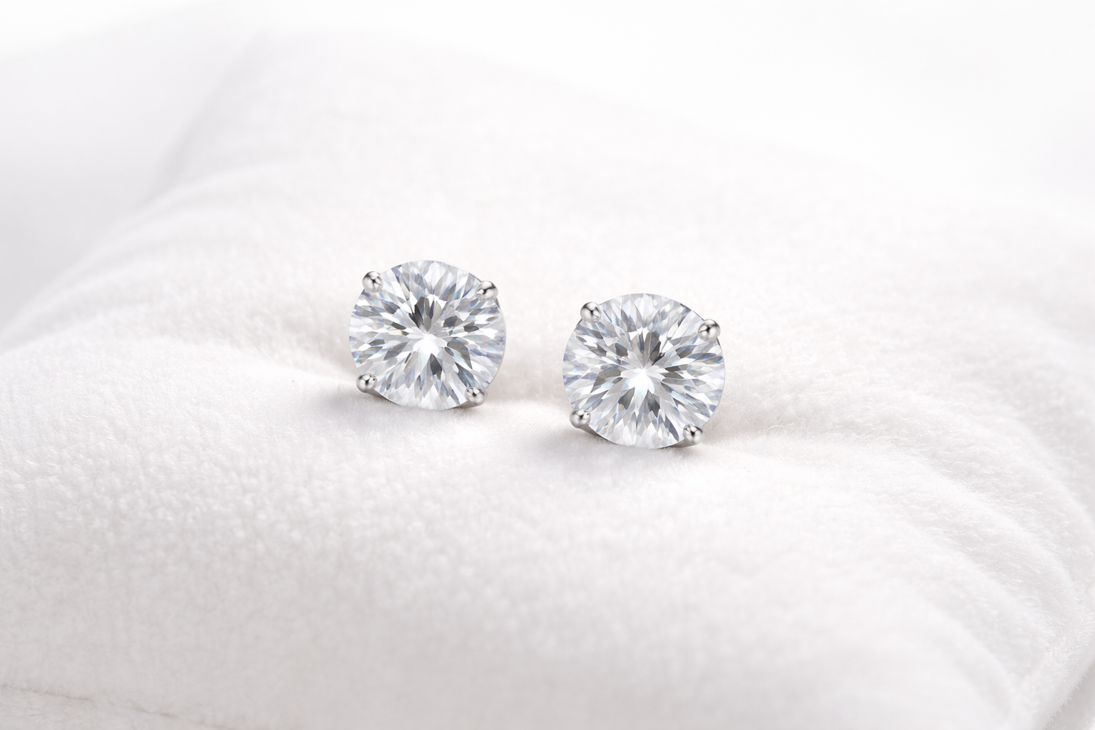 Pair of diamond stud earrings on a white cushion