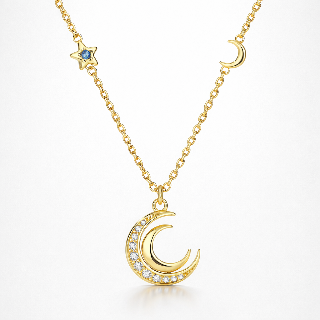 Gold necklace with moon and star pendants on a white background