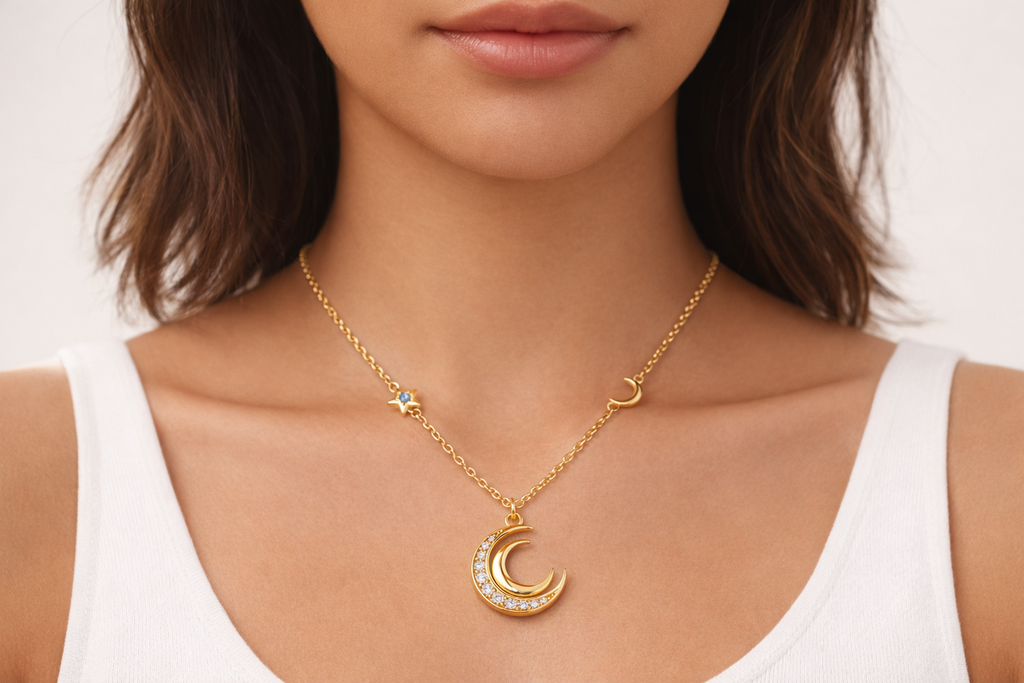 Gold necklace with a crescent moon pendant worn by a person